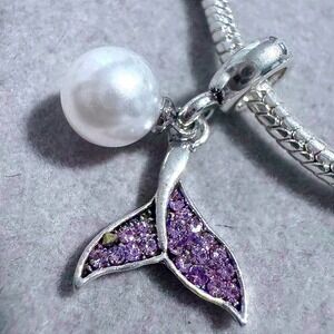 Silver Tone Mermaid Tail Charm Bead Purple Crystal Pearl Dangle Bracelet Jewelry